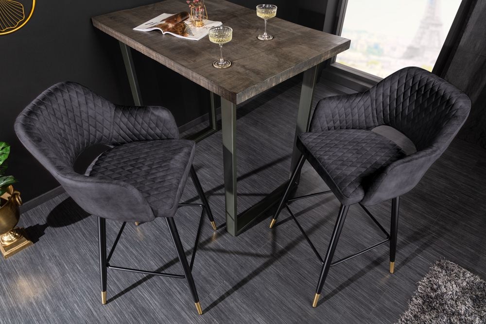 Design Barhocker PARIS grau Samt mit Lehne Metall schwarz gold Ziersteppung