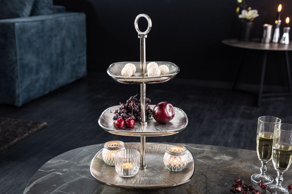 Moderne Etagere ORIENT 45cm silber Hammerschlag-Design mit drei Etagen