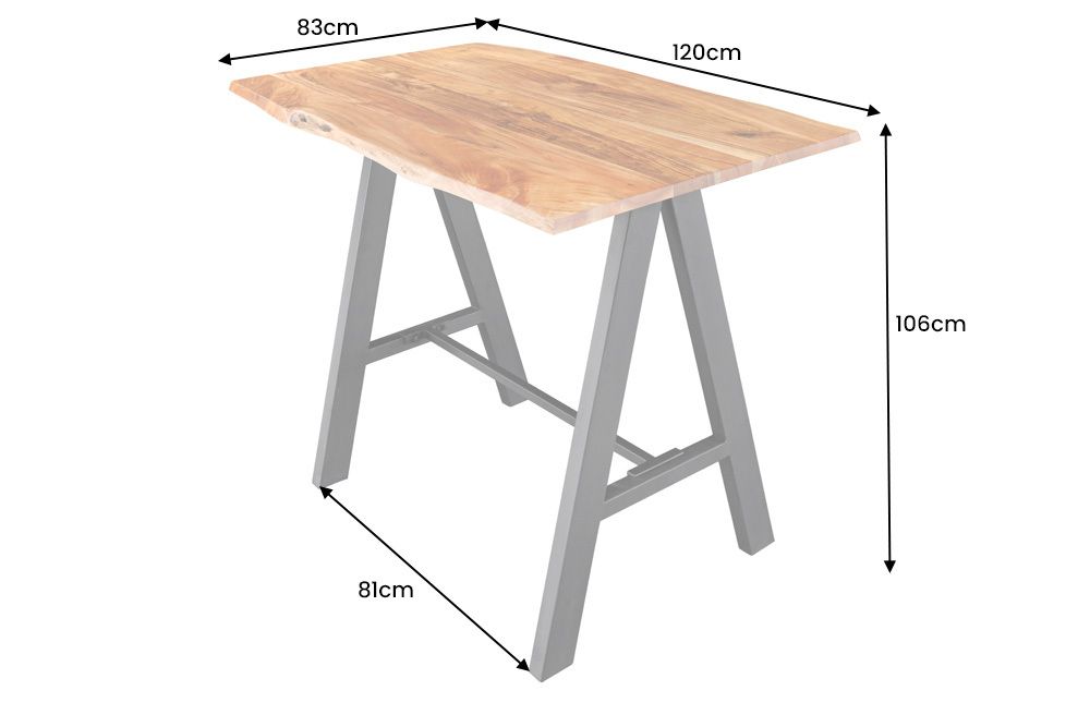 Massivholz Bartisch MAMMUT 120cm natur Akazie Baumkante Metall schwarz mit Fußablage