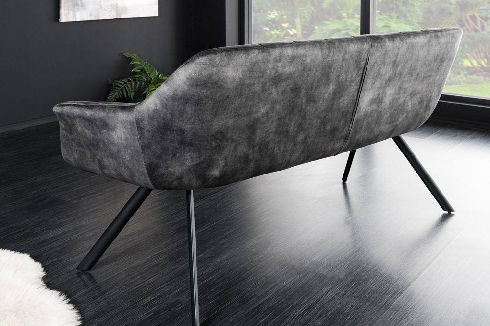 Esszimmer Sitzbank PAPILLON 165cm grau Samt mit Rückenlehne schwarzes Metallgestell