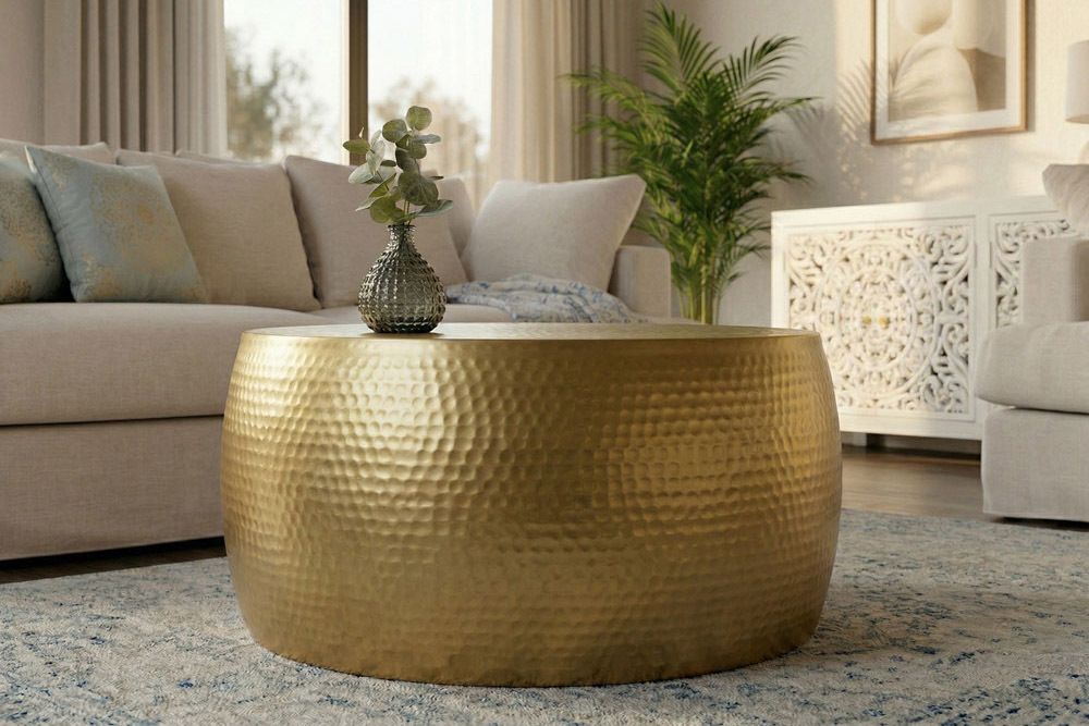 Runder Couchtisch ORIENT III 60cm gold Metall Hammerschlag Design handmade