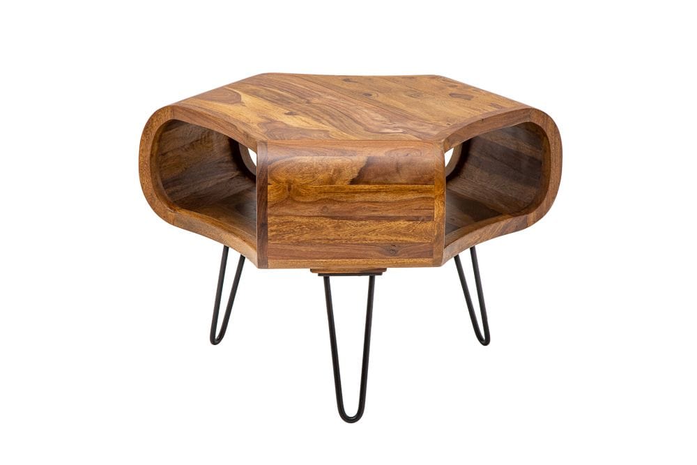 Retro Couchtisch ORGANIC LIVING 70cm braun Sheesham Massivholz stone finish Stauraum