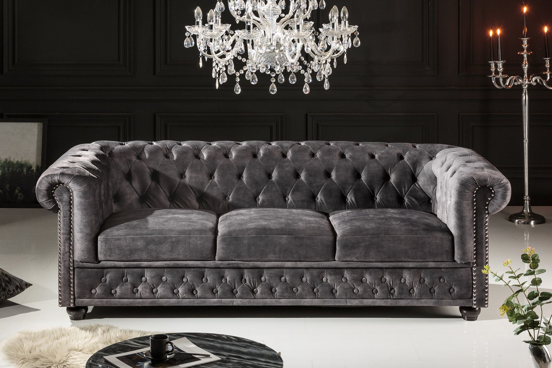 Chesterfield 3-Sitzer Sofa 205cm grau Samt Federkern Knopfheftung