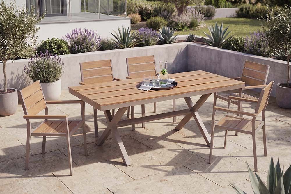 Moderner Gartentisch DESIGNO 150cm natur greige Aluminium wetterfest X-Gestell