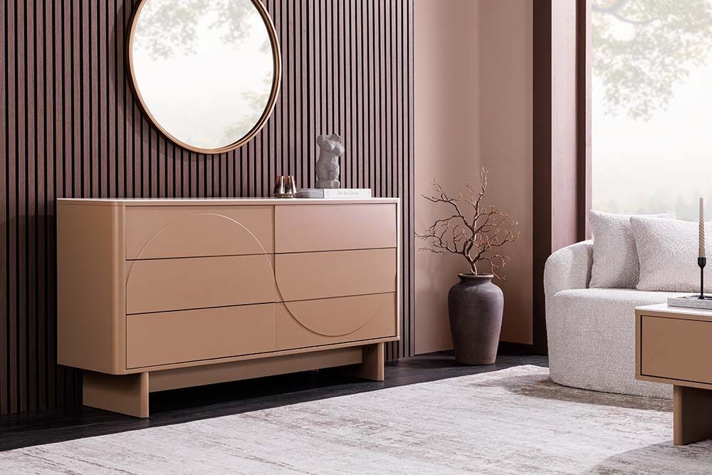 Design Sideboard SAVOY 150cm grau beige greige Keramik Travertin mit sechs Schubladen