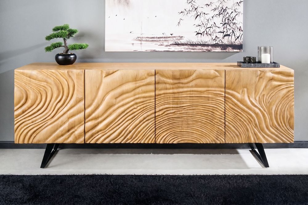 Massives Sideboard FLUID 175cm creme Mangoholz 3D-Design Kufengestell