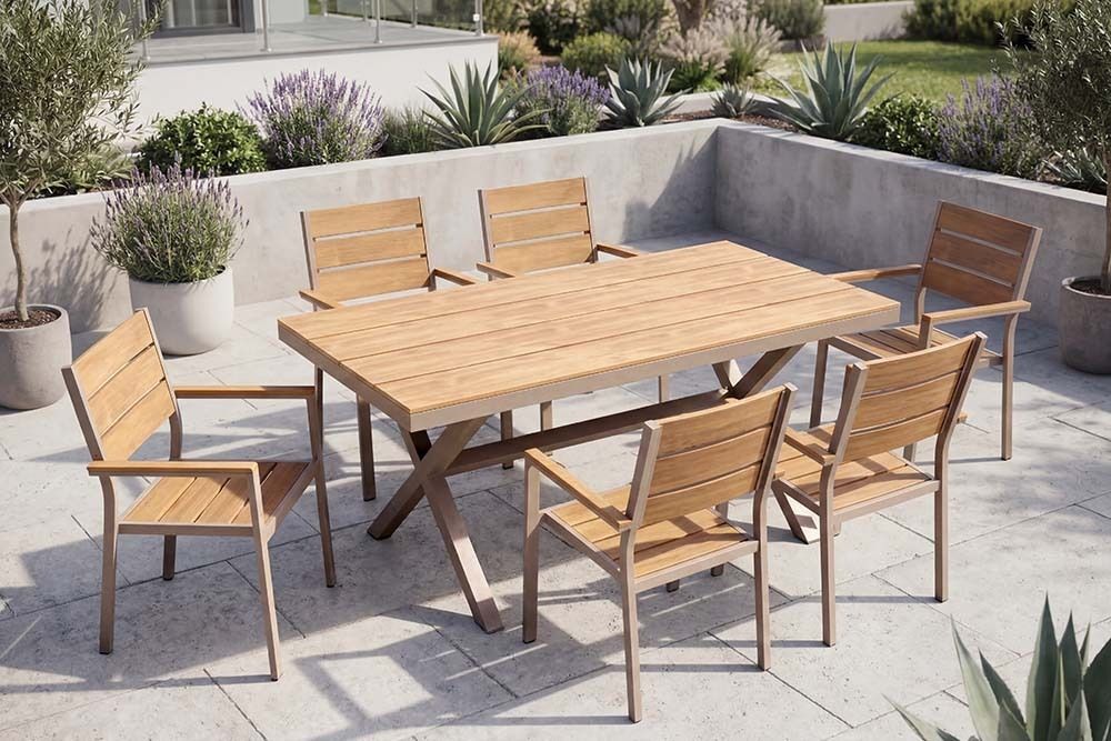 Moderner Gartentisch DESIGNO 150cm natur greige Aluminium wetterfest X-Gestell