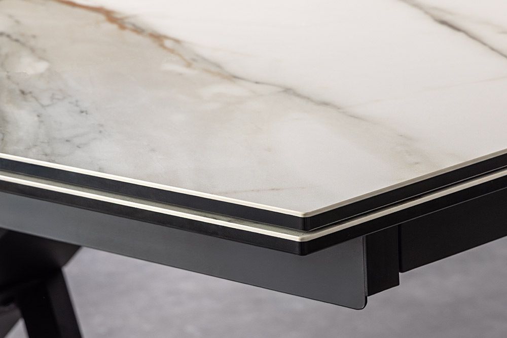 Ausziehbarer Esstisch EUPHORIA 180-220-260cm weiß Carrara Oro Keramik schwarz Metall
