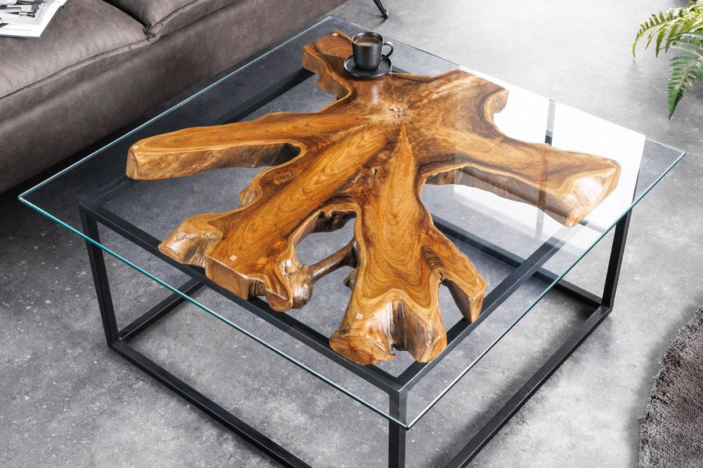 Industrial Couchtisch TEAK ROOT 70cm braun Teakholz Metall Glastisch handmade