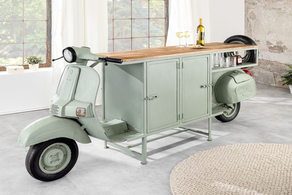 Extravaganter Barschrank SCOOTER 250cm salbei Retro-Konsole Motorroller mit Mangoholz Upcycling