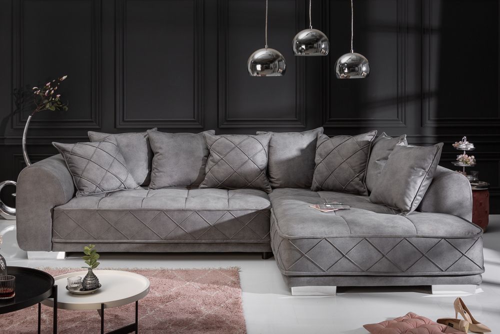 Modernes XXL Ecksofa DECADENCIA 320cm silbergrau Samt Bigsofa inkl. Kissen