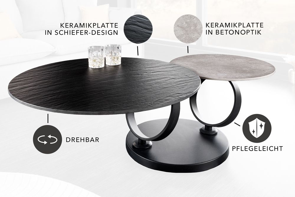 Design Couchtisch DANCING RINGS schwarz grau rund drehbar Keramik Metall