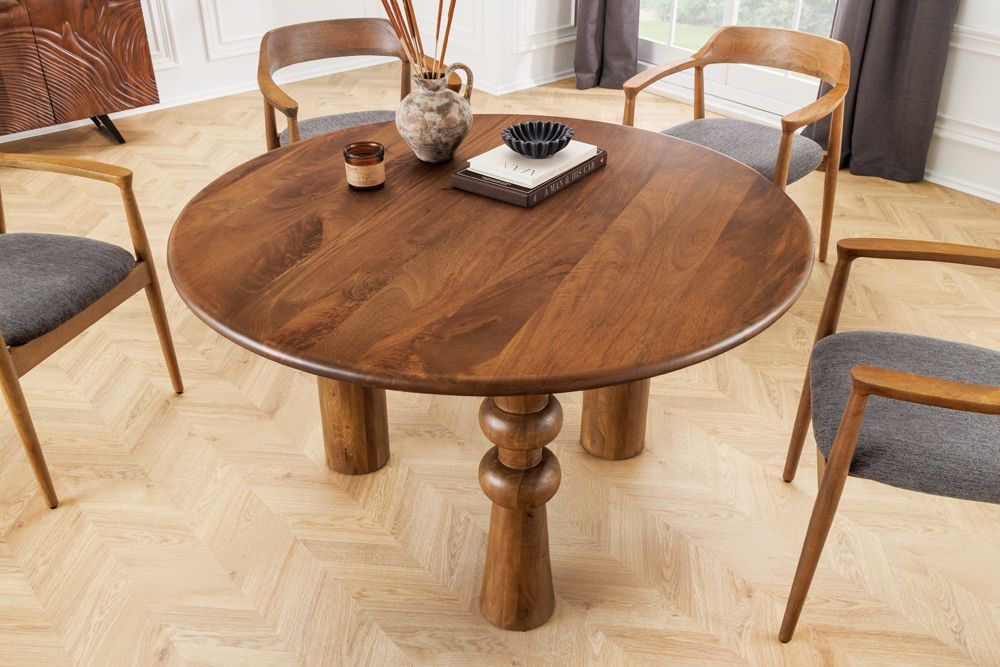 Runder Esstisch ARTE 120cm braun Mangoholz massiv mit markantem Gestell
