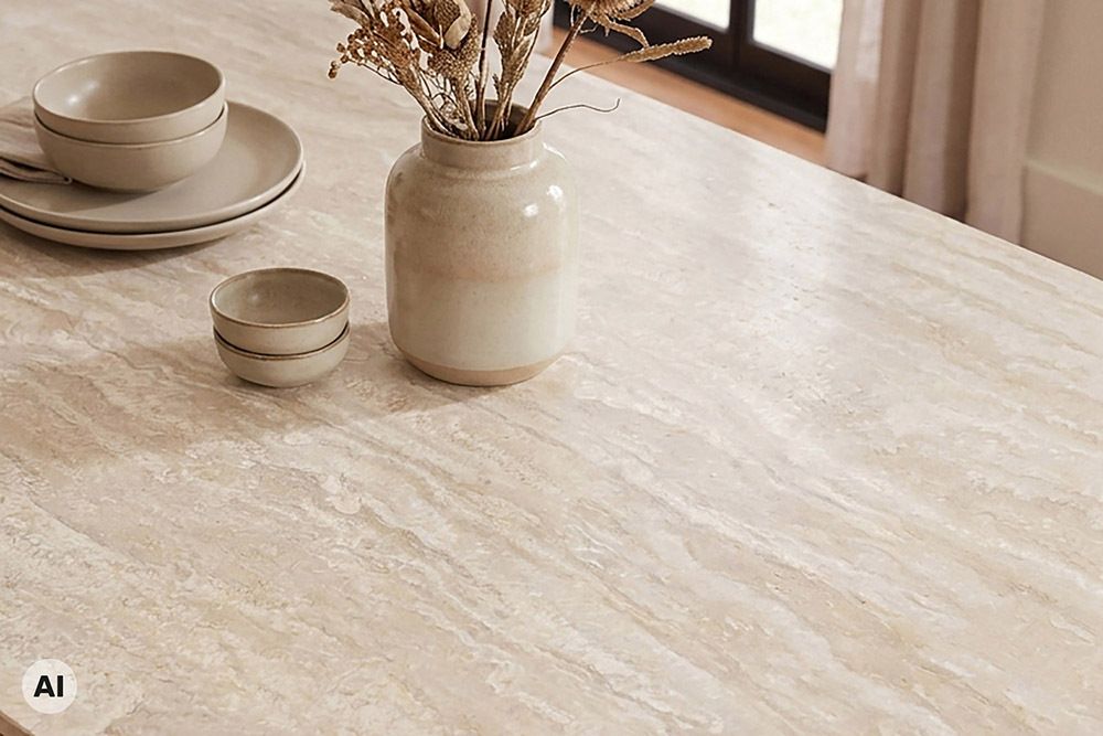 Ovaler Esstisch UNIQUE 200cm beige natur Travertin Eiche mit Säulenfuß