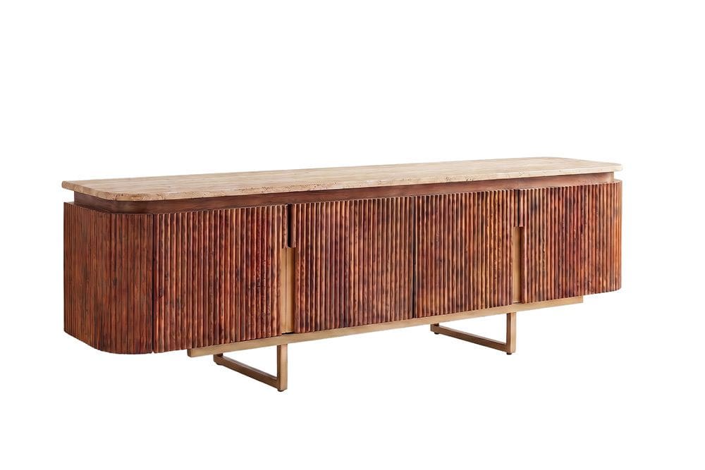 Design TV-Board GATSBY 160cm braun gold Mangoholz mit Travertin Metallgestell