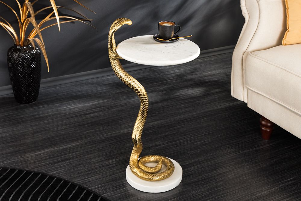 Runder Beistelltisch WILDLIFE COBRA 65cm gold weiß Marmor Schlangen-Skulptur handmade