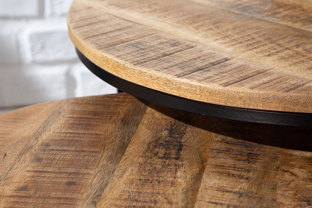 Industrial 2er Set Beistelltische ELEMENTS 60cm Mangoholz massiv rund schwarzes Metallgestell