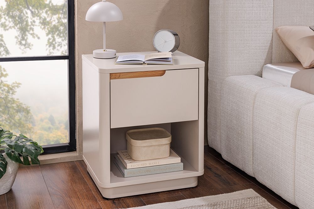 Design Nachtschrank LIV 55cm cashmere weiß mit Schublade und offenem Fach