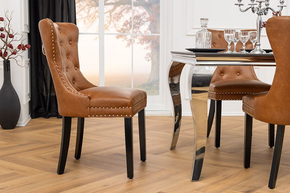 Chesterfield Stuhl CASTLE braun Kunstleder schwarz Massivholz mit Komfortgriff