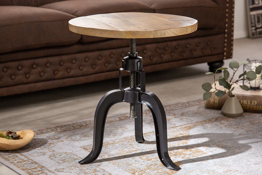 Höhenverstellbarer Beistelltisch ENGINEER 50cm Mangoholz Industrial Design massiv rund Eisen