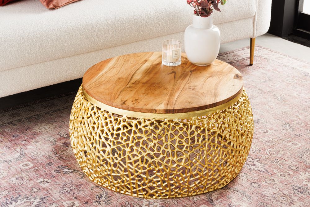 Runder Couchtisch ABSTRACT LEAF 75cm gold Metall massiv Akazienholz filigrane Handarbeit