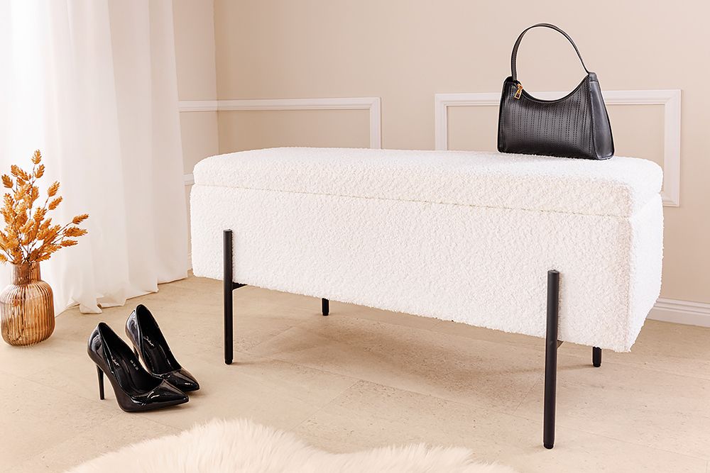 Moderne Truhenbank LOFT 100cm weiß Bouclé Sitzbank mit Stauraum gepolstert schwarz Metall