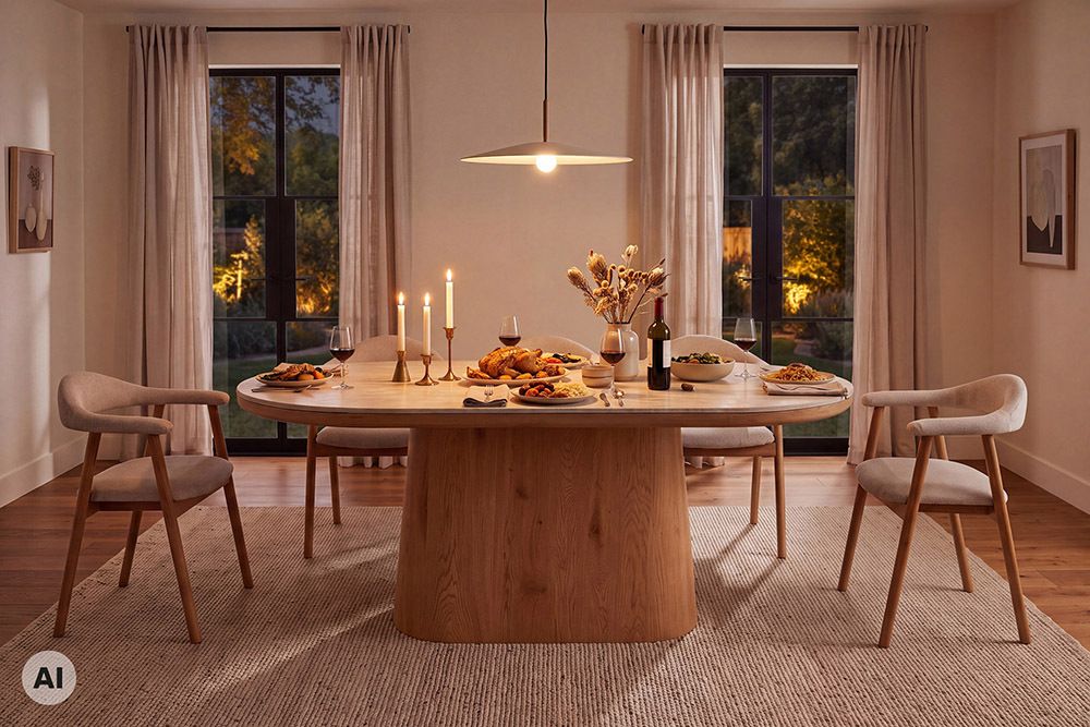 Ovaler Esstisch UNIQUE 200cm beige natur Travertin Eiche mit Säulenfuß