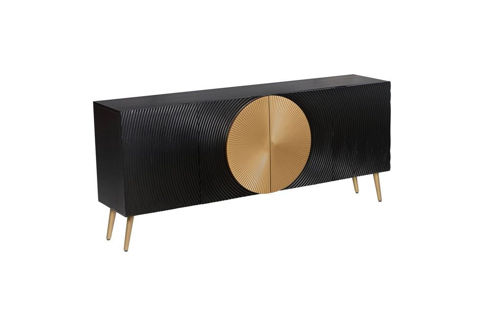 Massives Sideboard AURUM 180cm schwarz Mangoholz mit ikonischem Gold-Element