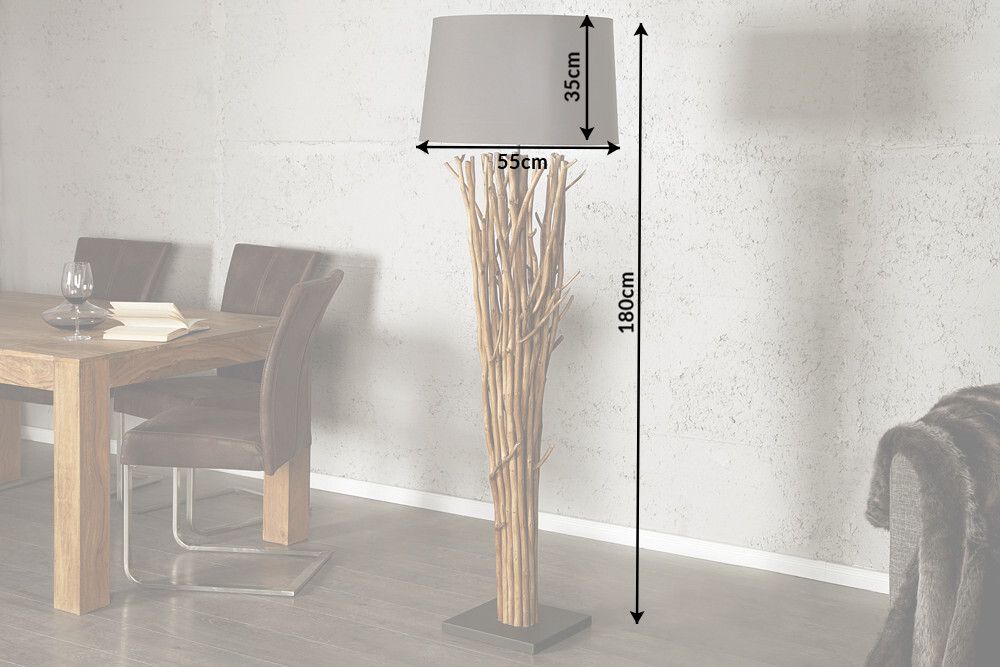 Design Treibholz Stehlampe EUPHORIA 180cm grau mit Leinenschirm