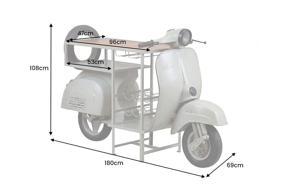 Extravaganter Bartisch SCOOTER 180cm salbei Retro-Konsole Motorroller Mangoholz Upcycling