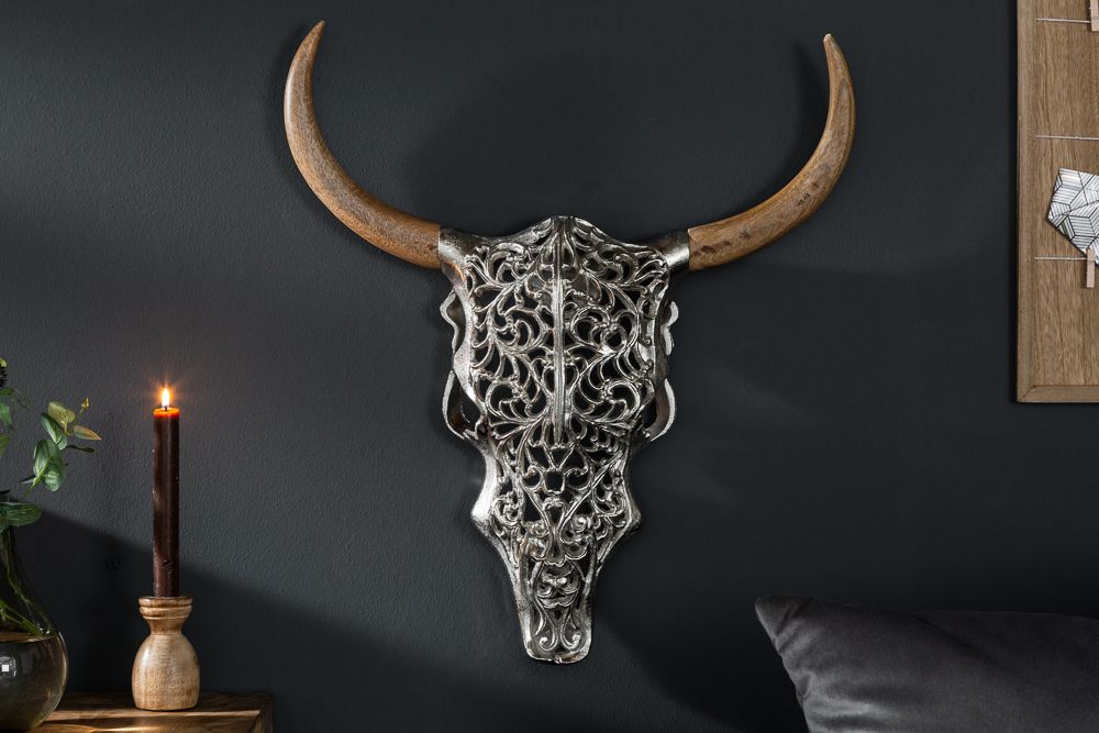 Extravagante Wanddekoration EXOTIC BULL 60cm silber Mangoholz Stierkopf