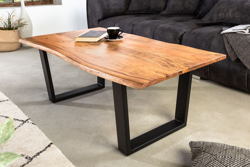 Massivholz Couchtisch MAMMUT 120cm Akazie natur V-Gestell schwarz 2,5cm Tischplatte