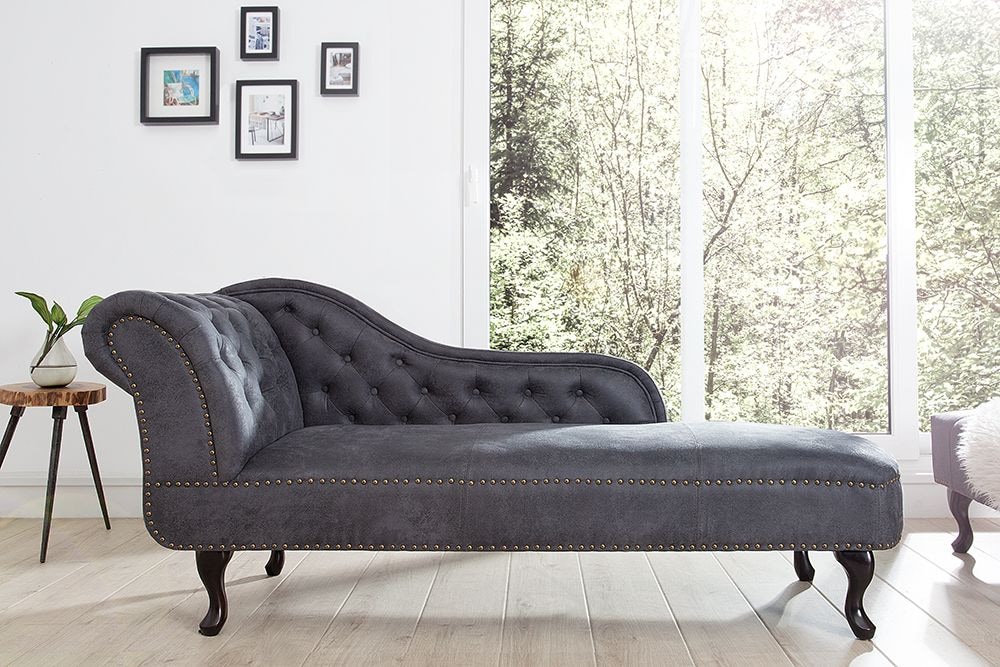 Chesterfield Récamière 170cm antik grau mit Knopfheftung und Nietenbesatz