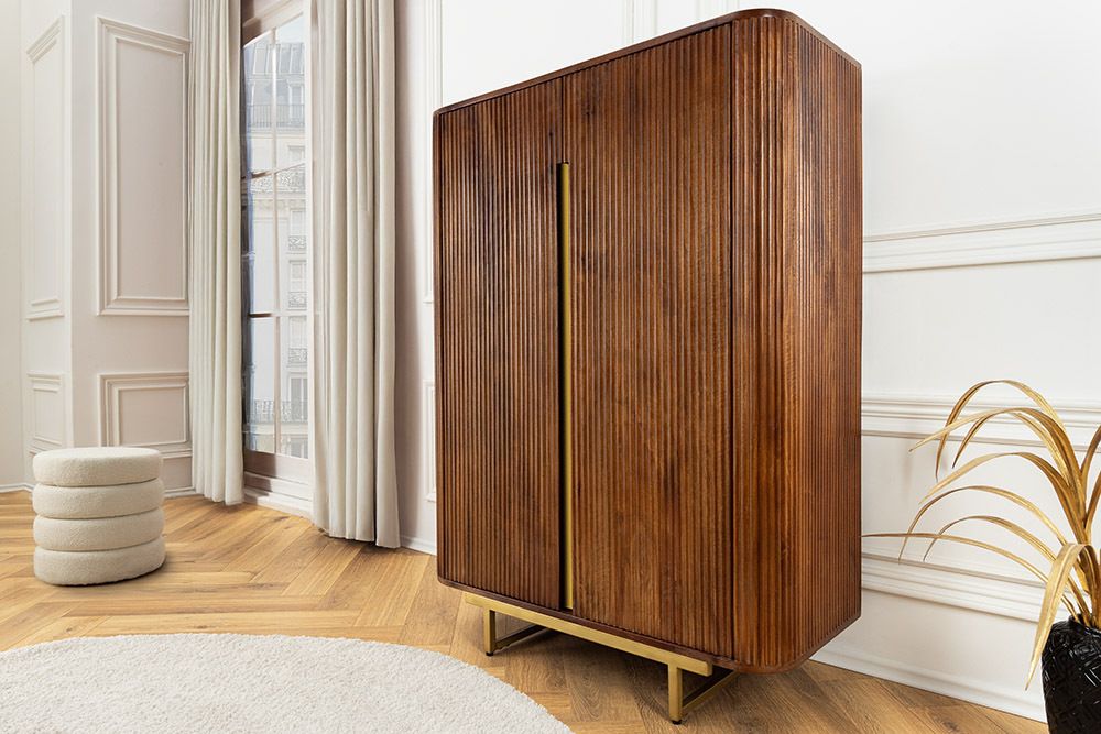 Massiver Barschrank GATSBY 140cm braun Mangoholz gold Metallgestell Retro