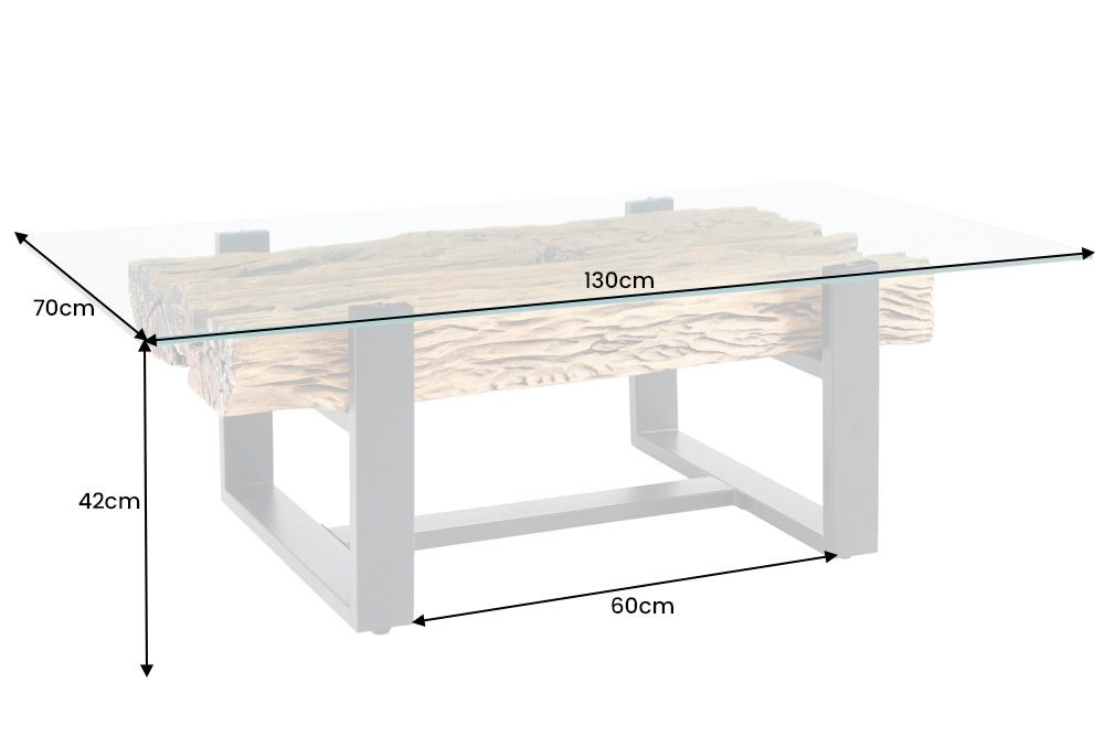 Design Couchtisch BARRACUDA 130cm recyceltes Teakholz Glasplatte schwarz Edelstahl Industrial