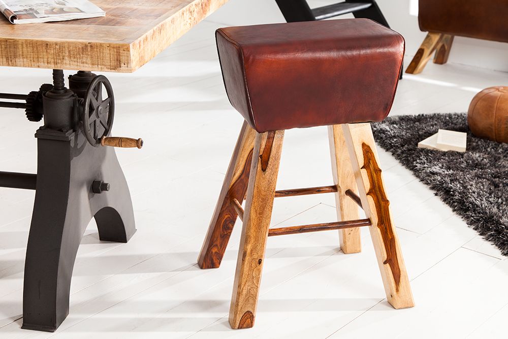 Retro Barhocker TURNBOCK 75cm mit Echtleder Bezug Mangoholz Barstuhl