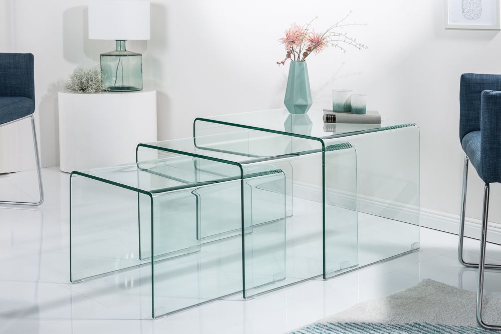 Design 3er Set Glas Couchtisch FANTOME 60cm Beistelltische transparent