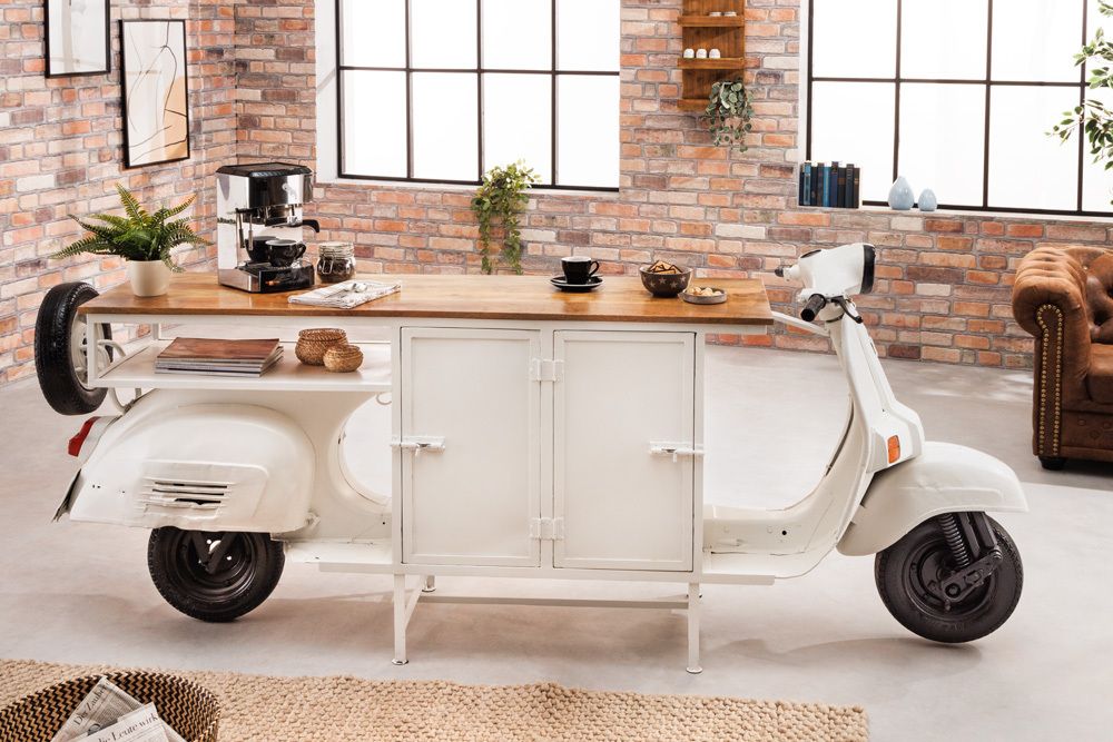 Extravaganter Barschrank SCOOTER 250cm weiß Retro-Konsole Motorroller mit Mangoholz Upcycling