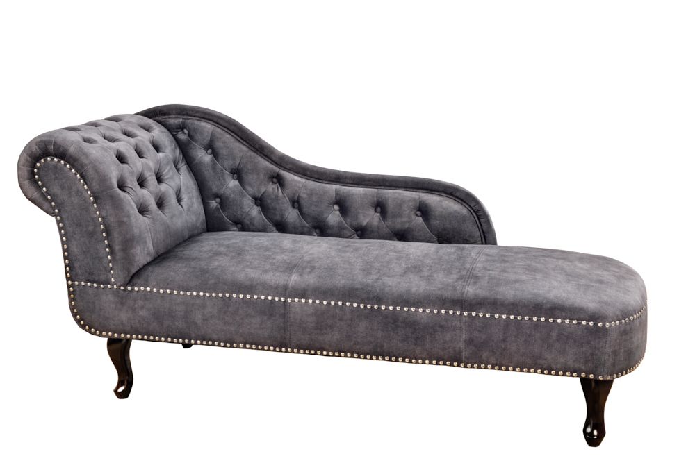 Design Récamière CHESTERFIELD 170cm grau strukturiertes Samt Knopfheftung Nietenbesatz