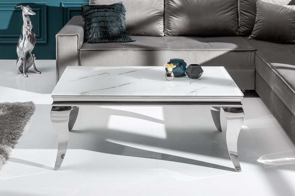 Eleganter Couchtisch MODERN BAROCK 100cm Glasplatte in Marmoroptik Edelstahlbeine