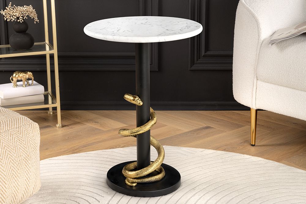 Runder Beistelltisch WILDLIFE SNAKE 55cm weiß Marmor gold schwarz Schlange Skulptur