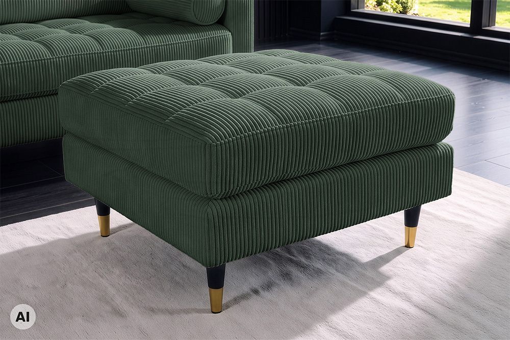 Design Hocker COZY VELVET 80cm grün Cord schwarz mit goldener Metallkappe