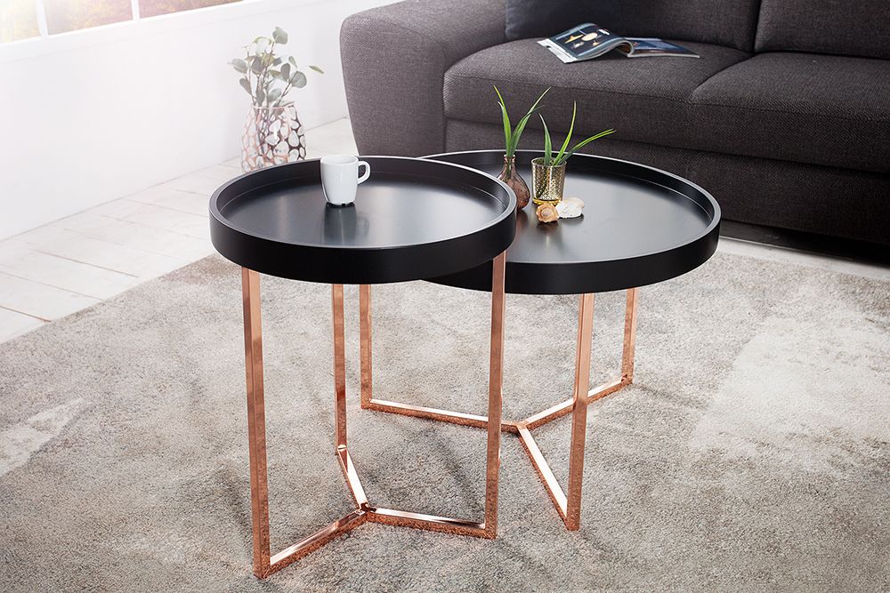 Extravaganter Couchtisch MODULAR 60cm matt schwarz kupfer rund inkl. Tablett