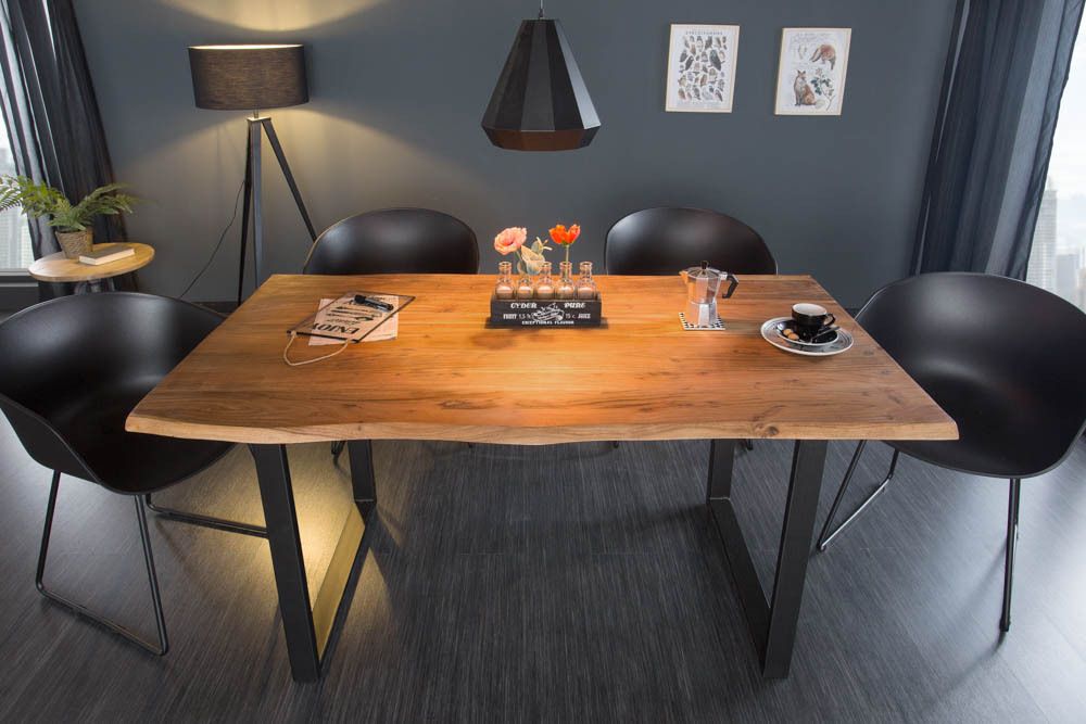 Massivholz Esstisch MAMMUT 160cm Wild-Akazie Industrial Design 2,6cm Tischplatte Baumkante
