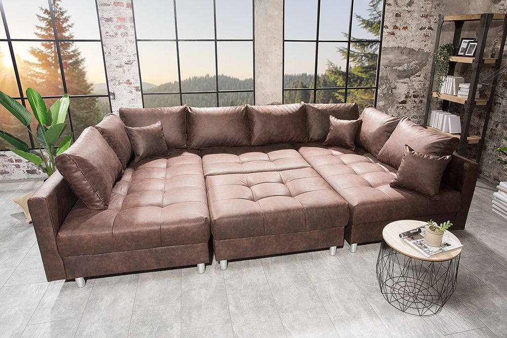Moderne XXL Wohnlandschaft KENT 305cm antik braun Federkern Bigsofa inkl. Hocker