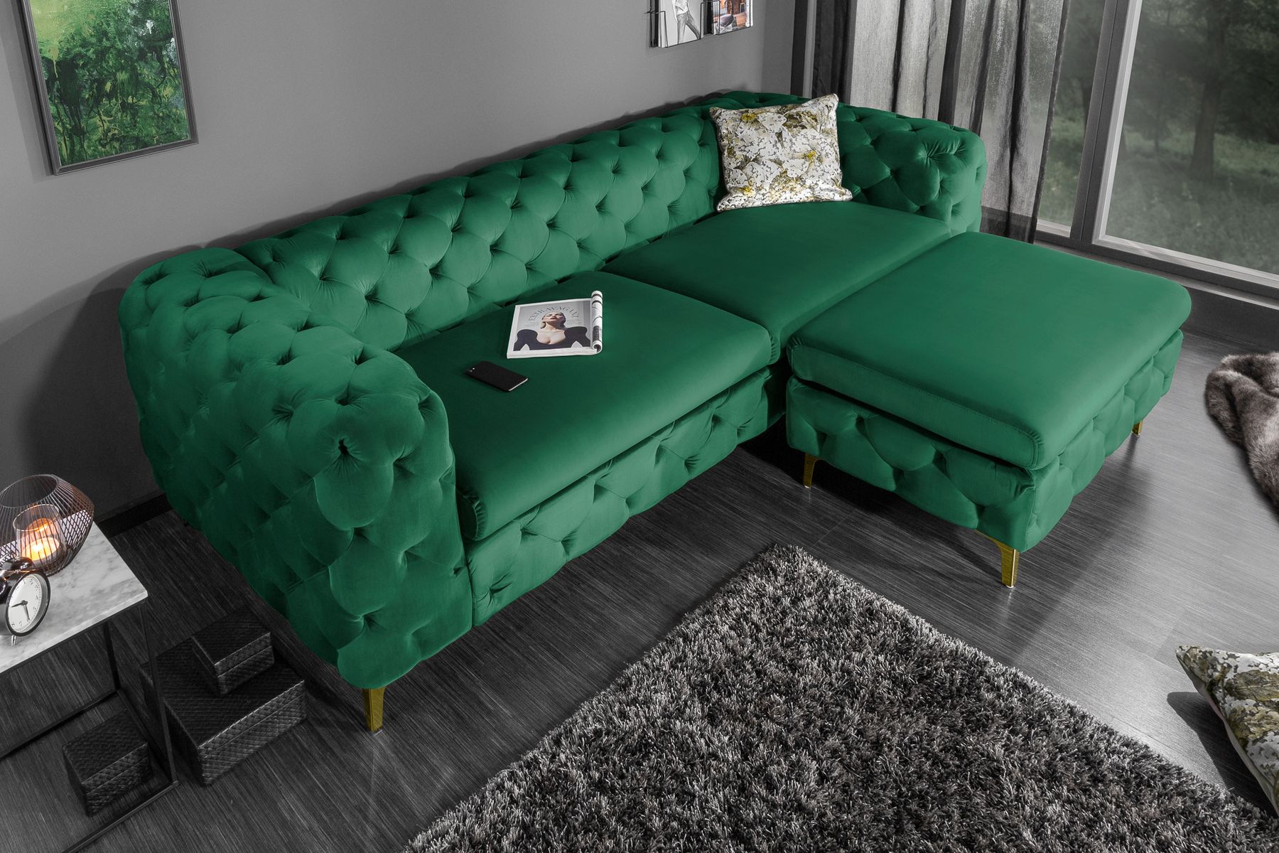 Chesterfield 3-Sitzer Sofa MODERN BAROCK 235cm smaragdgrün Samt Federkern gold Metallfüße