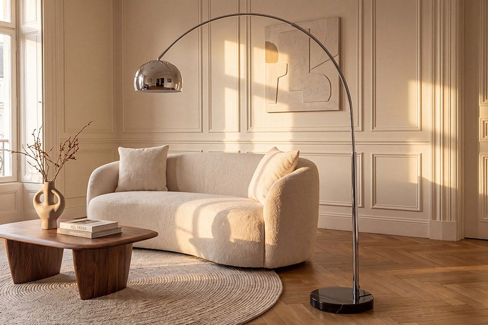 Ausziehbare Bogenlampe LOUNGE DEAL 170-210cm chrom Marmorfuß Stehlampe