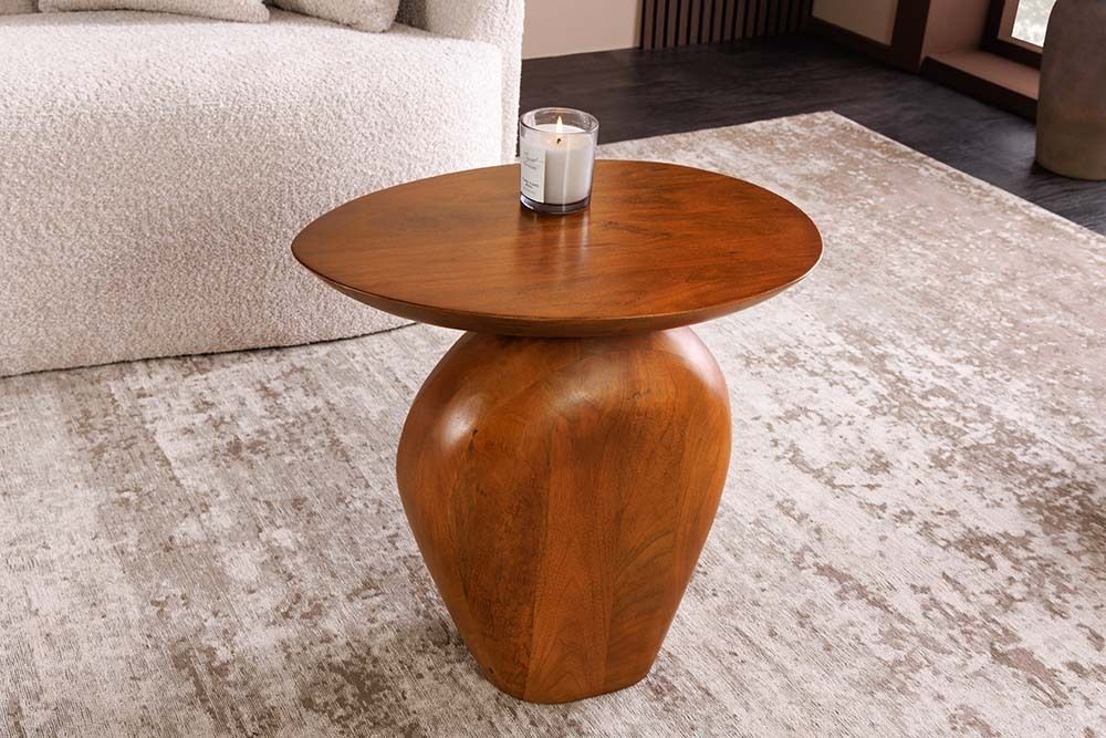 Massiver Beistelltisch ORGANIC 50cm braun Mangoholz oval Säulenfuß