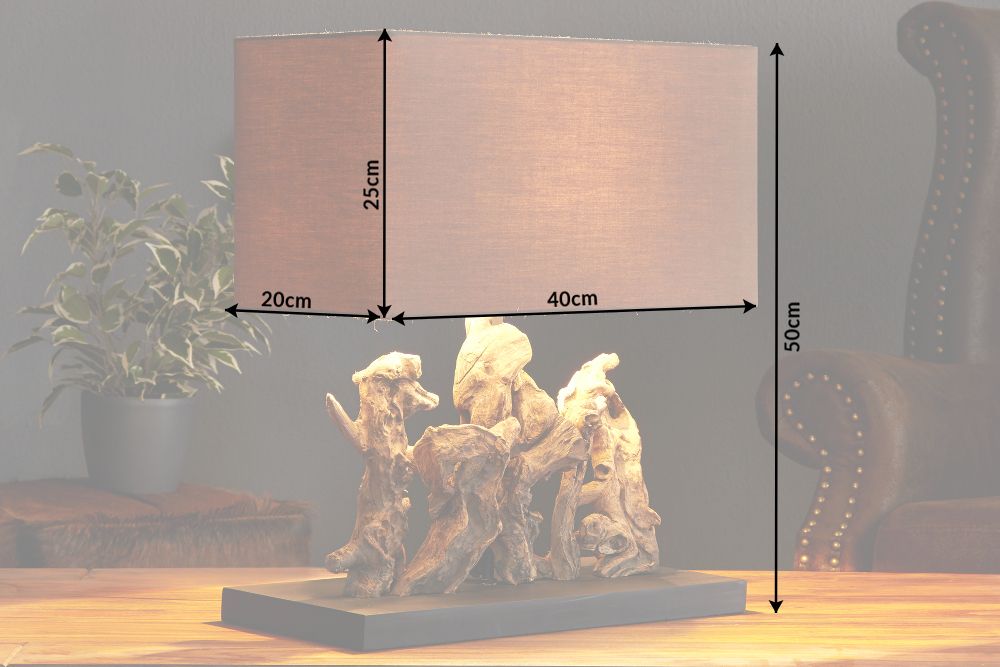 Handgefertigte Tischlampe ARAGON 50cm braun Treibholz-Fuß mit Leinenschirm