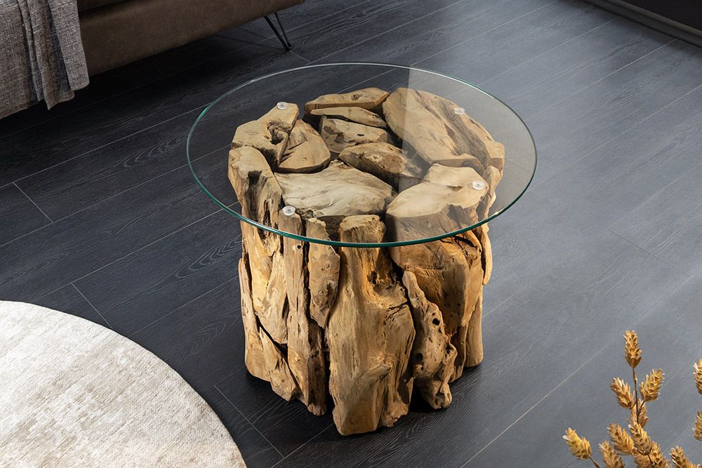 Handgearbeiteter Couchtisch RIVERSIDE 60cm Teakholz runde Glasplatte Massivholz